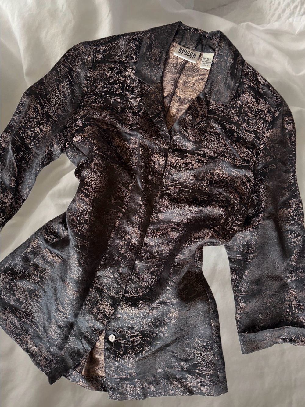 Black Silky Printed Button-Up Shirt